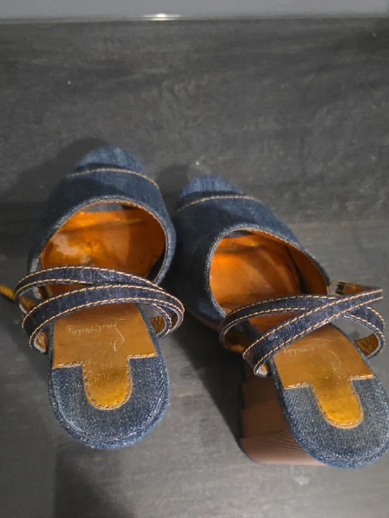 Auth Christian Louboutin Mira Colunata 120 Denim Gold Deco Platform Heel 38½ 8.5 - Picture 3 of 4